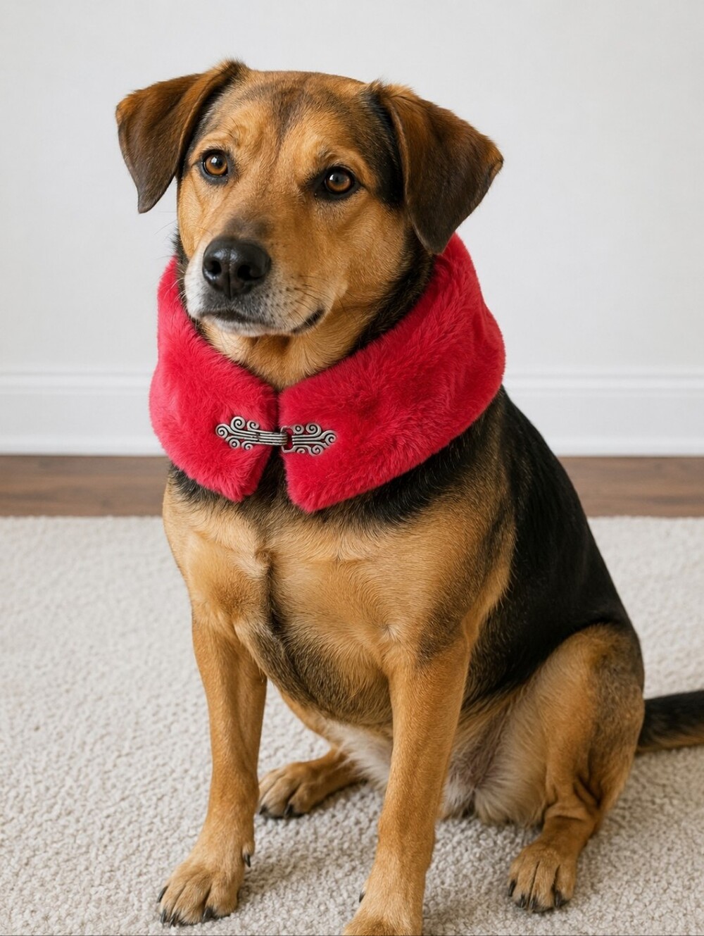 Handcrafted Red Faux Fur Dog Neck Warmer Size M/ 19 Inches Winter Pet Scarf